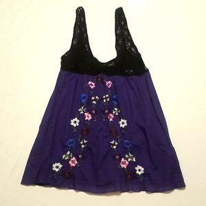 Free People XS Black Lace and Purple Floral Embroidered Tank